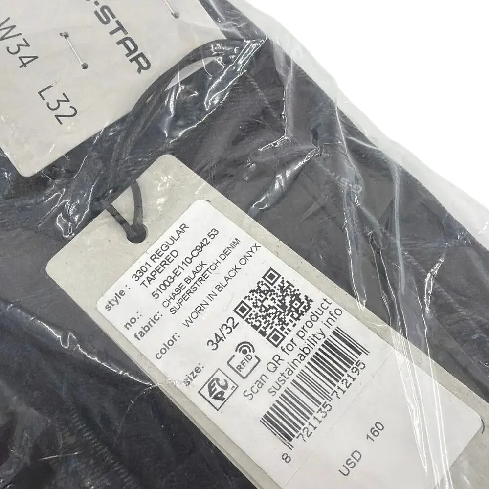 G-Star Men's Black Onyx 3301 Regular Tapered Jeans Size 34